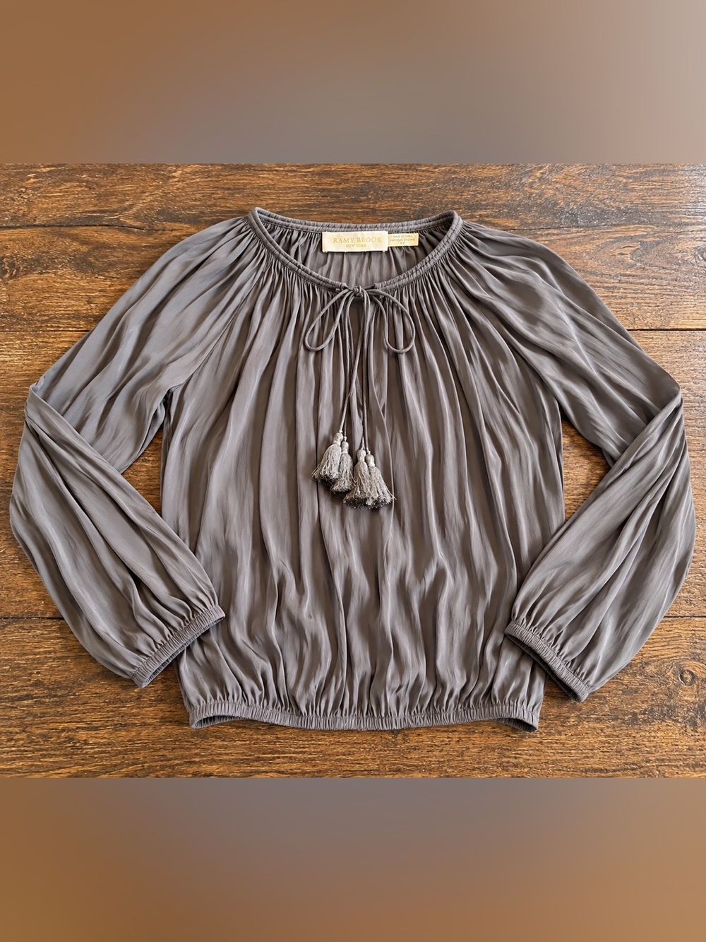 Ramy Brook New York Women’s Small Gray Tassel Tie Peasant Blouse Long Sleeve